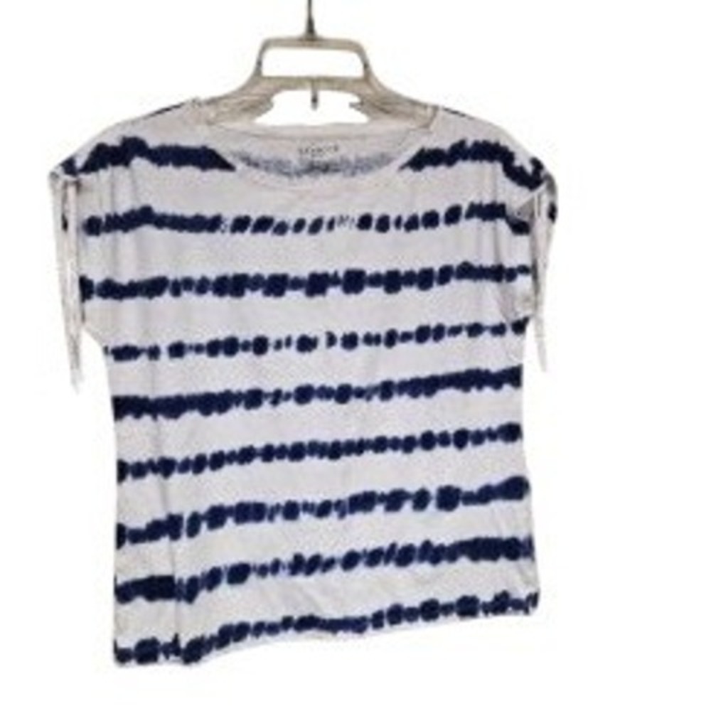 Talbots Petite Medium Blue White Tie Dye Linen Cotton Stripe Side Tie Top PM